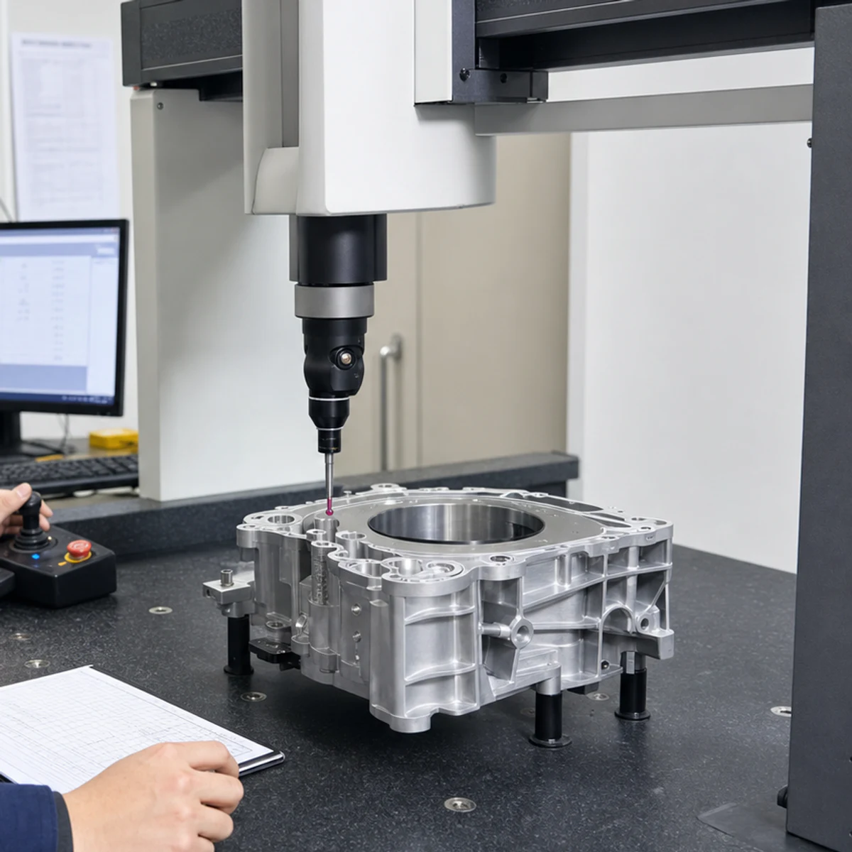 Coordinate measuring machine inspecting a precision aluminum component
